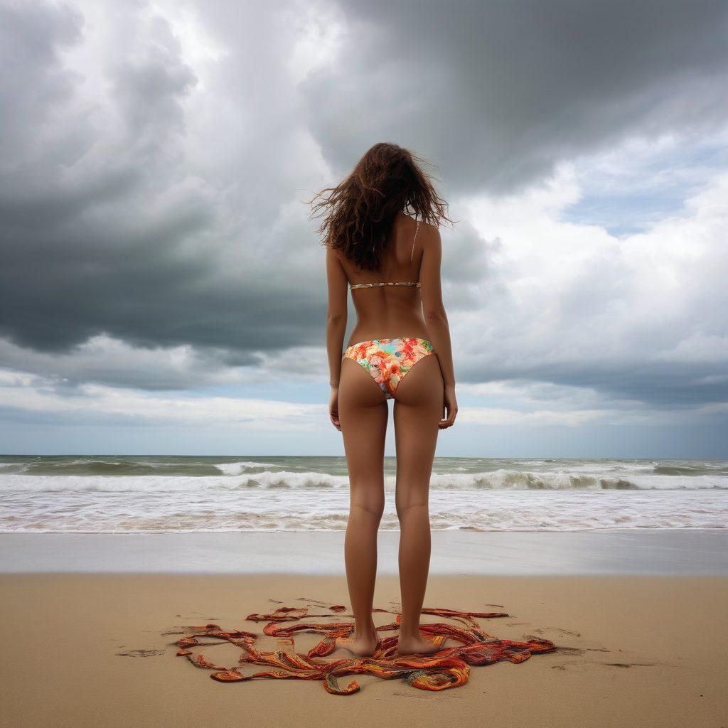 An artistic representation of a bikini on a sandy beach transitioning from vibrant sunlight to a shadowy, overcast scene. The bikini captures a youthful spirit, with bright colors slowly fading to darker, melancholic tones. Silhouetted figures in the background express contrasting emotions of joy and sorrow, embodying the duality of youth trends. The beach setting includes whimsical elements like clouds and waves, merging cheerfulness with a sense of gloom. surrealistic. vibrant colors fading to muted tones. white background.