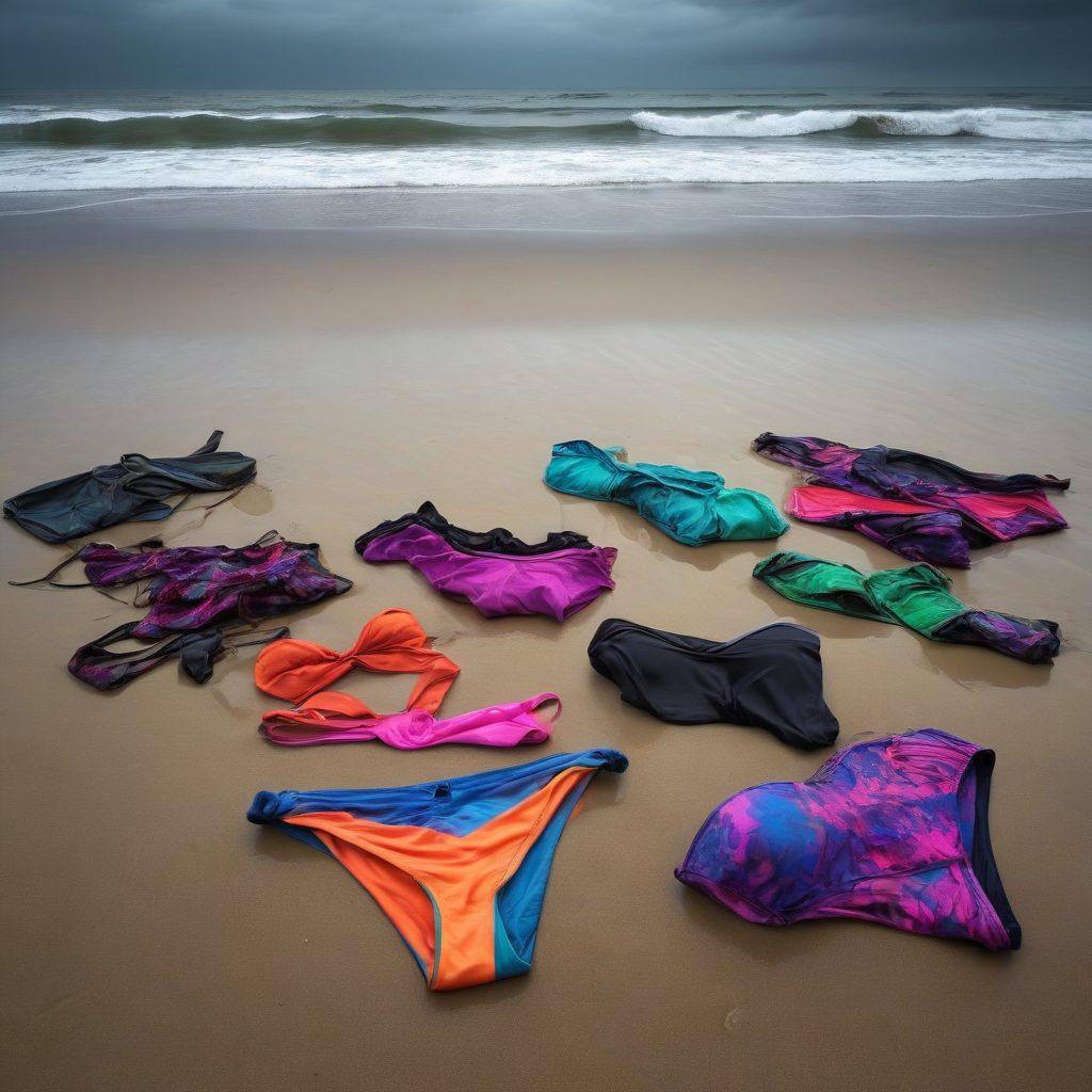 A melancholic beach scene featuring a collection of vibrant yet abandoned bikinis strewn across the sand, symbolizing digital disconnection. In the background, waves crash under a gloomy sky, while silhouettes of youth are depicted as ghostly figures, engrossed in their smartphones. Soft lighting enhances the sorrowful mood, capturing the contrast between colorful swimwear and an emotionally distant world. 3D rendering. vibrant colors. ethereal atmosphere.